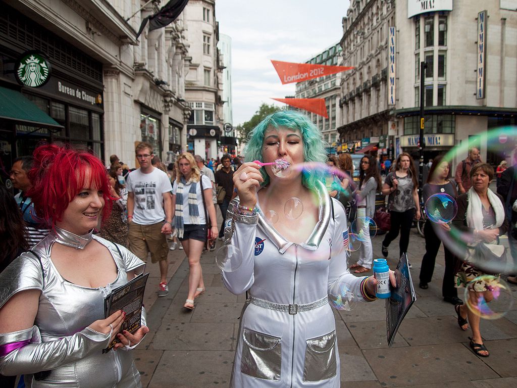 PR girls blow Bubbles into the Crowds of Leicester Square