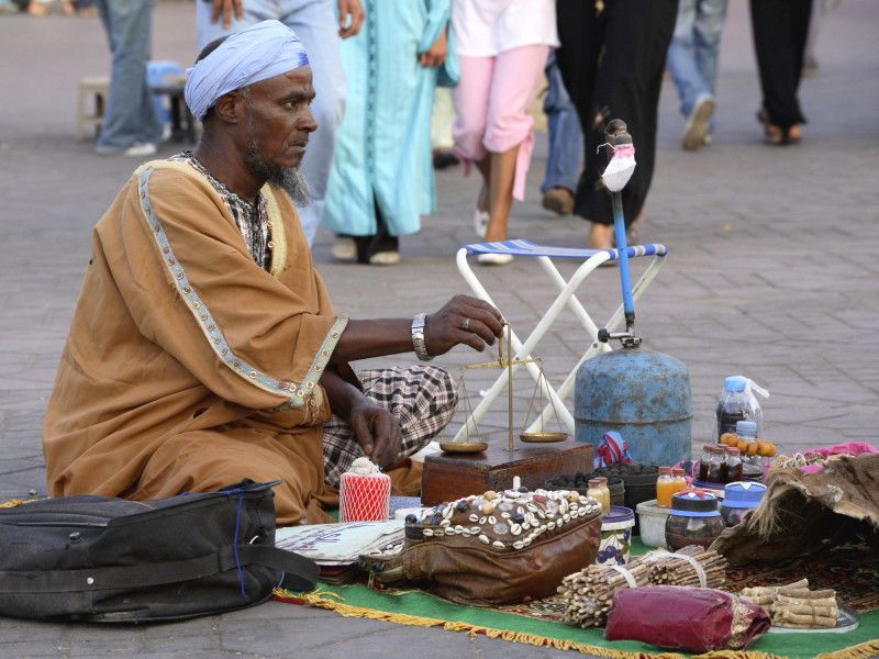 Medicine man selling his wares, Marrakech